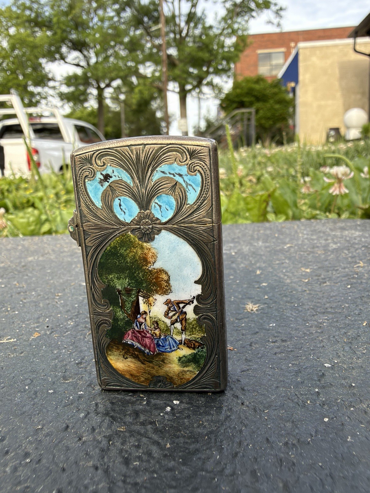 Antique 800 Silver Hand Engraved Lighter  Enamel