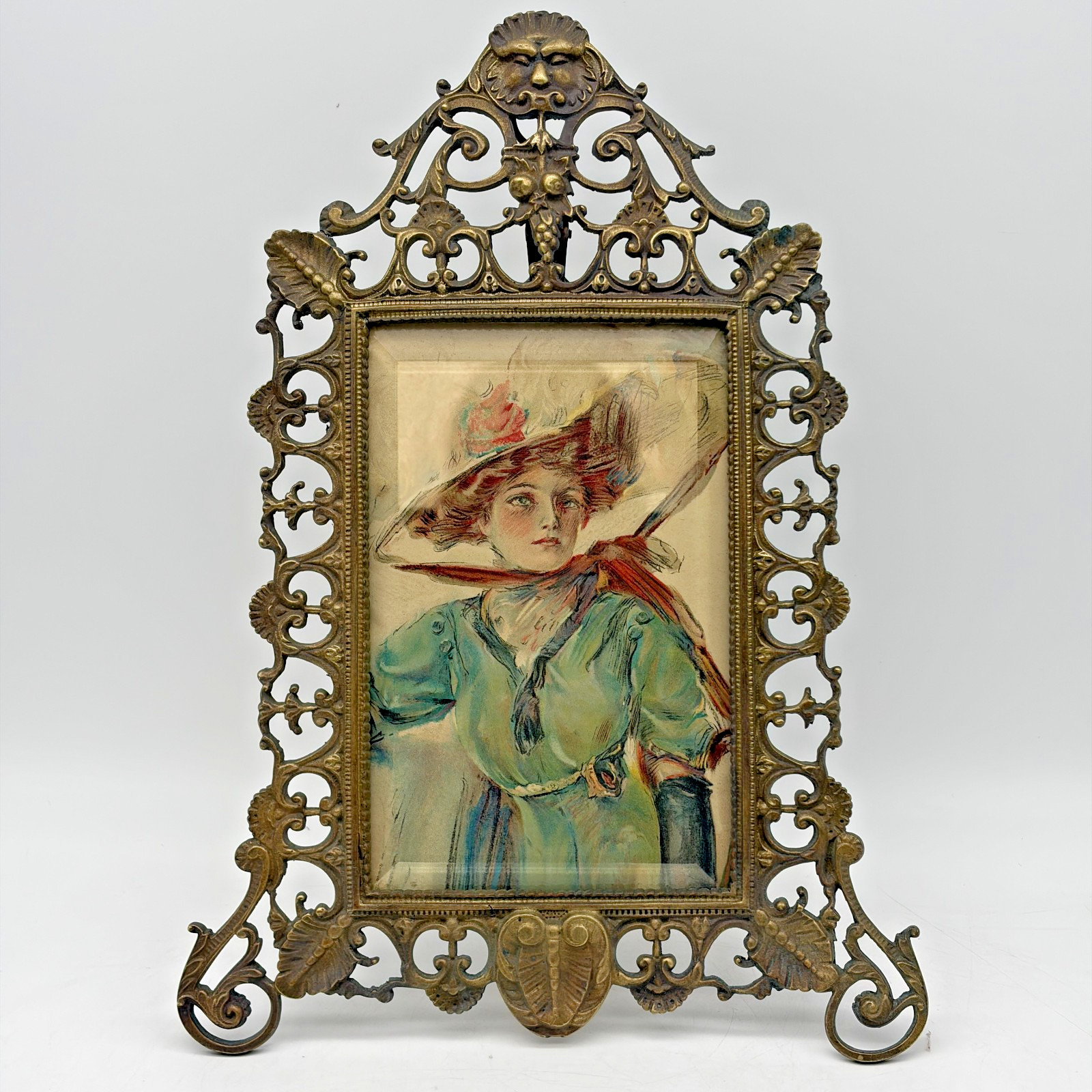 Antique Art Nouveau Gilt Cast Brass Tabletop Frame Stylized Foliage & Rising Sun