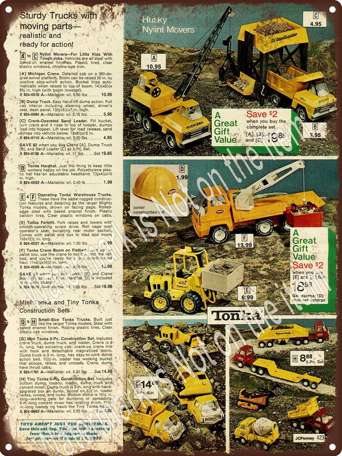 1976 Tonka Nylint Crane Truck Boom Mixer Flatbed Forklift Metal Sign 9x12