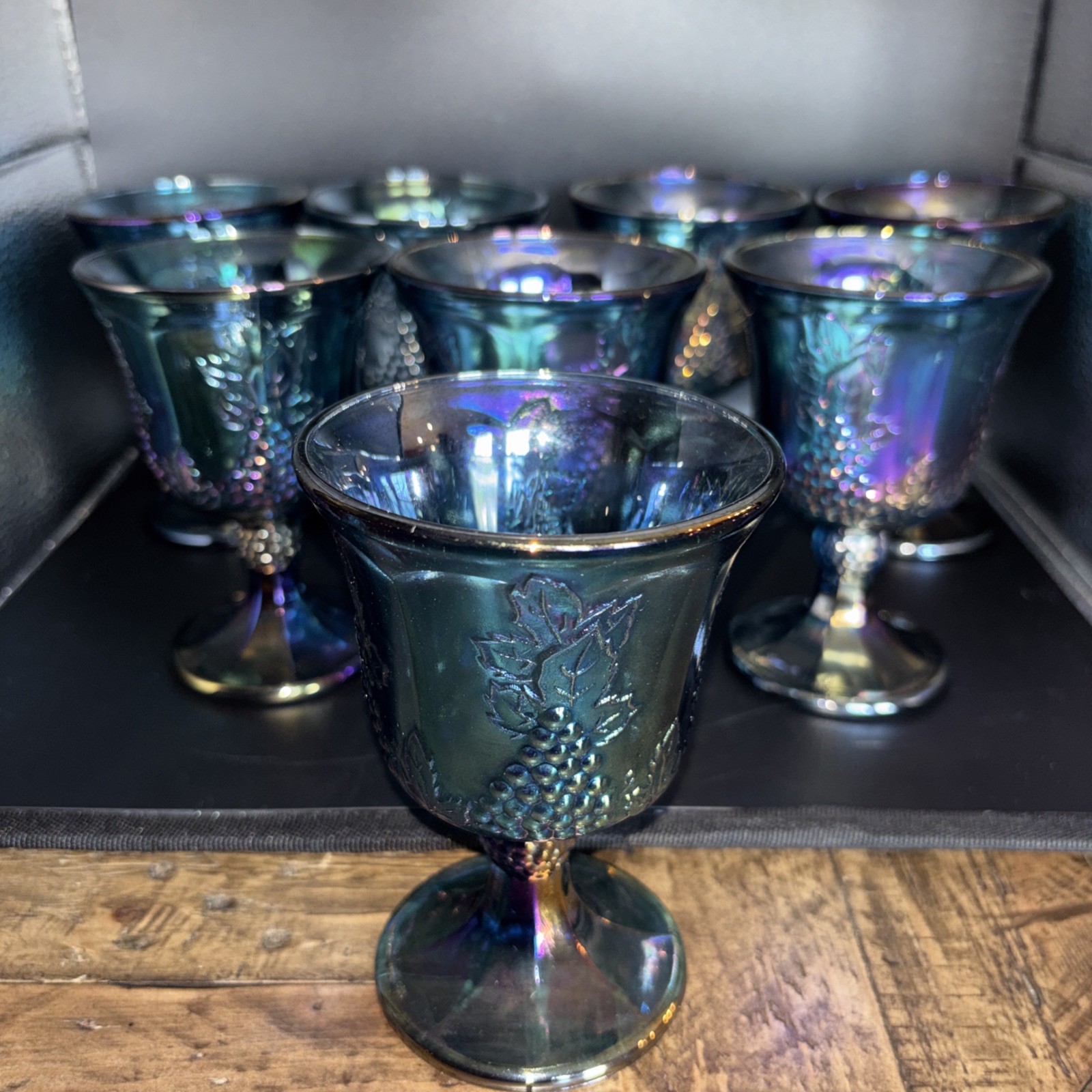 Indiana Glass Harvest Grape Blue Iridescent Carnival Goblets Cups - Set of 8