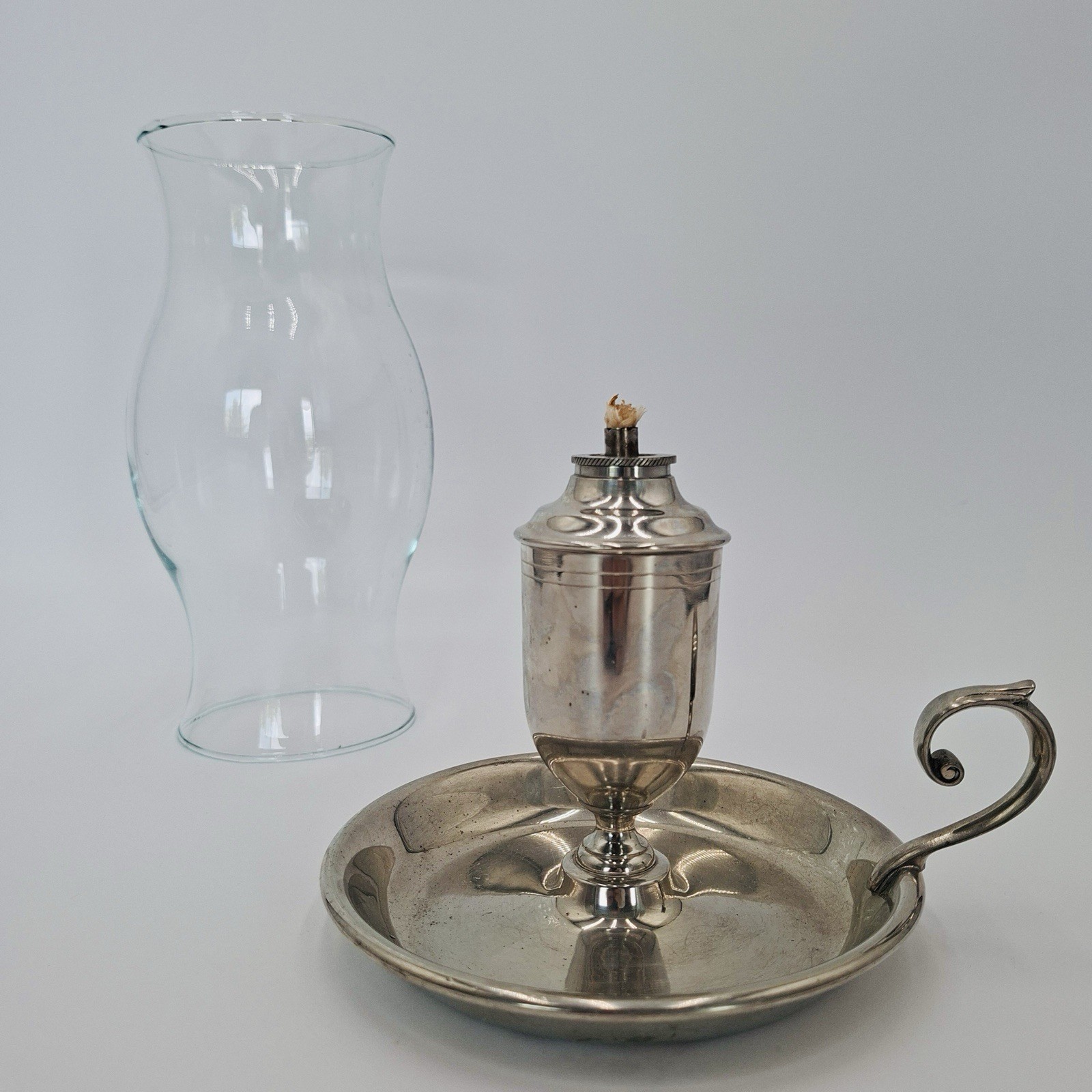 Vintage Shirley Handmade Pewter Oil Lamp Glass Chimney Colonial Finger Handle 9”