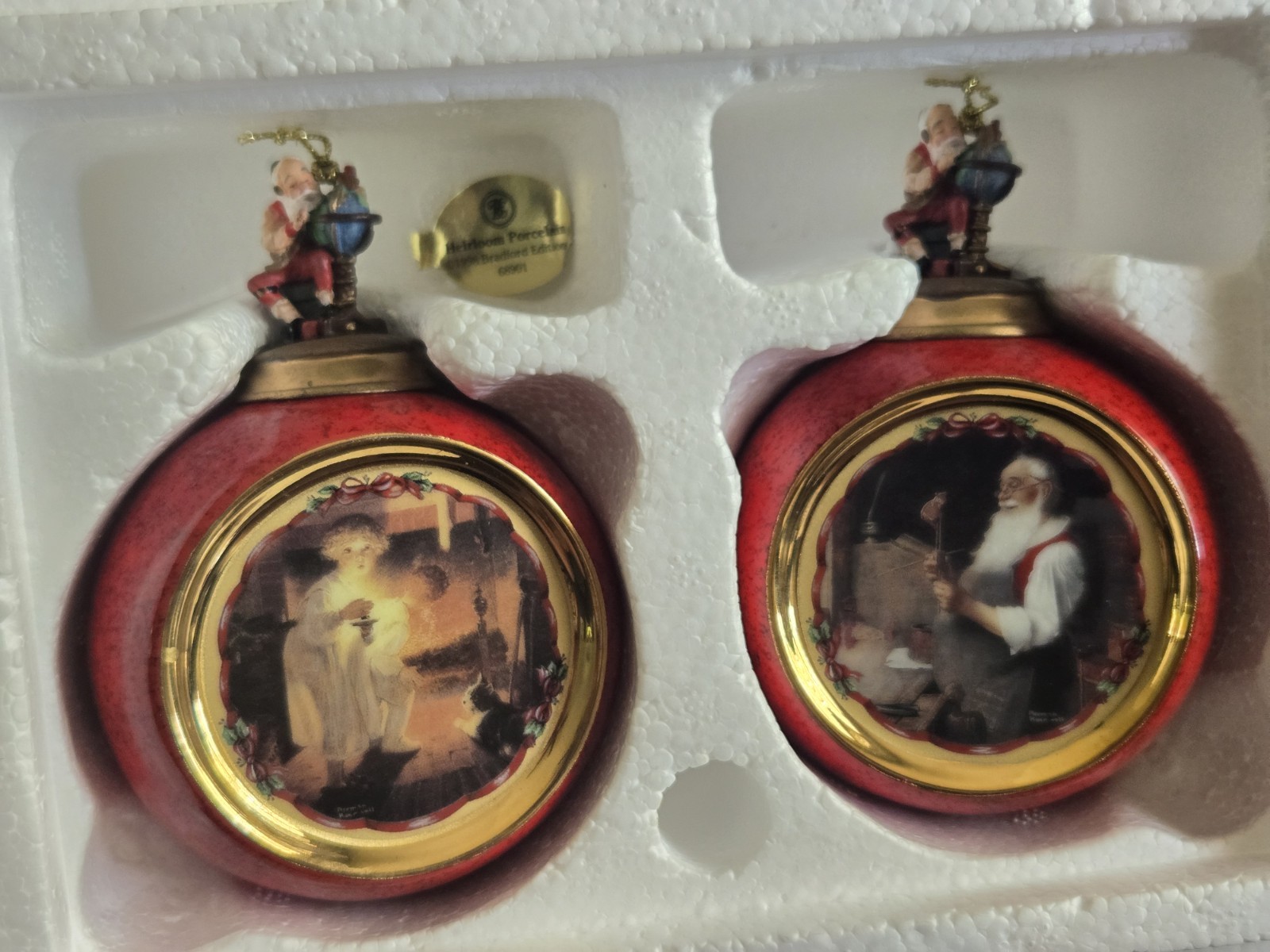 Set of 2 Norman  Rockwell 1998 Heirloom Porcelain Santa Ornaments, excellent 