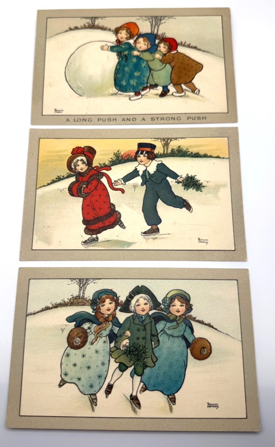 Florence Hardy Postcard Lot 3 CW Faulkner Children Ice Skating Snowball Winter