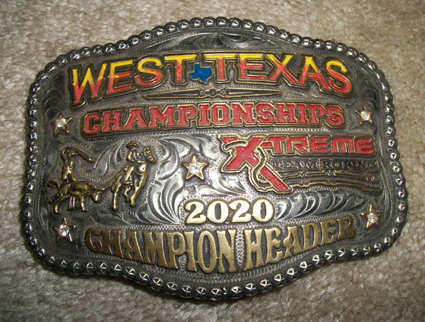 2020 West Texas Championships X-treme Header Tres Rios Silver Trophy Belt Buckle