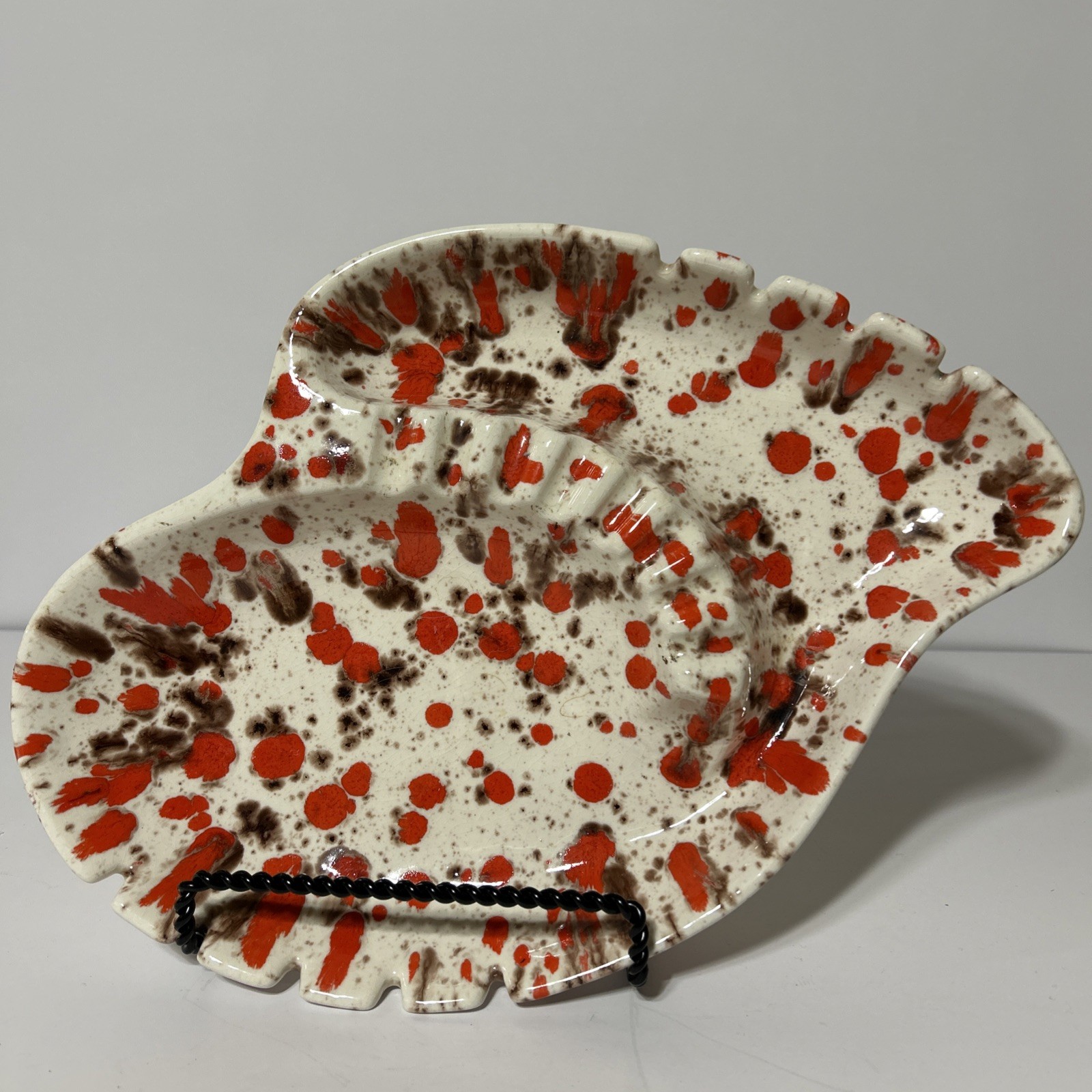 VTG MCM Retro Large 13” White Red Brown Drip Glaze Amoeba Ceramic Ashtray EUC