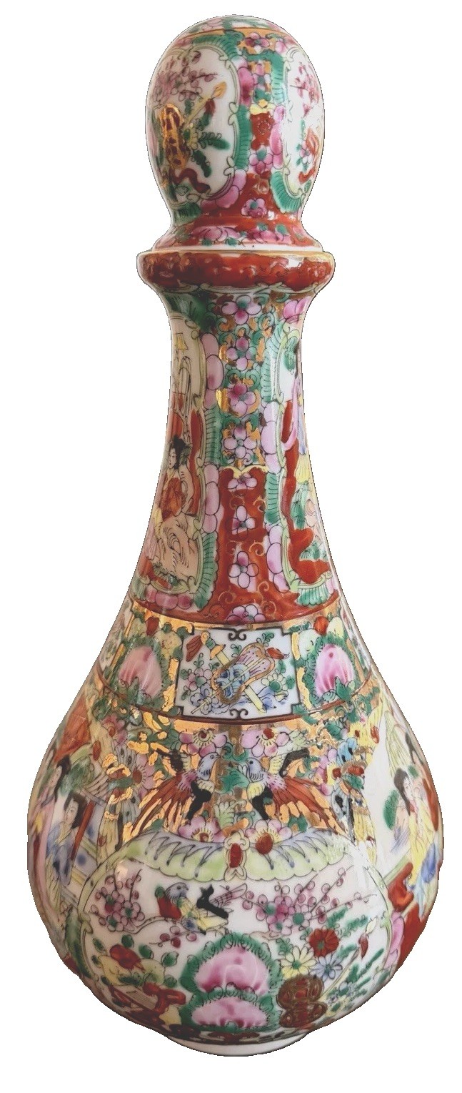 Rare Vintage Rose Medallion Chinese Porcelain Decanter 12”