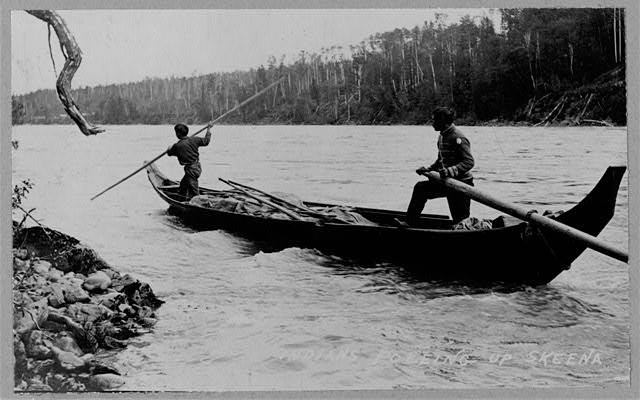Indians poling up the Skeena River,British Columbia,Canada,1900-1930,Canoe