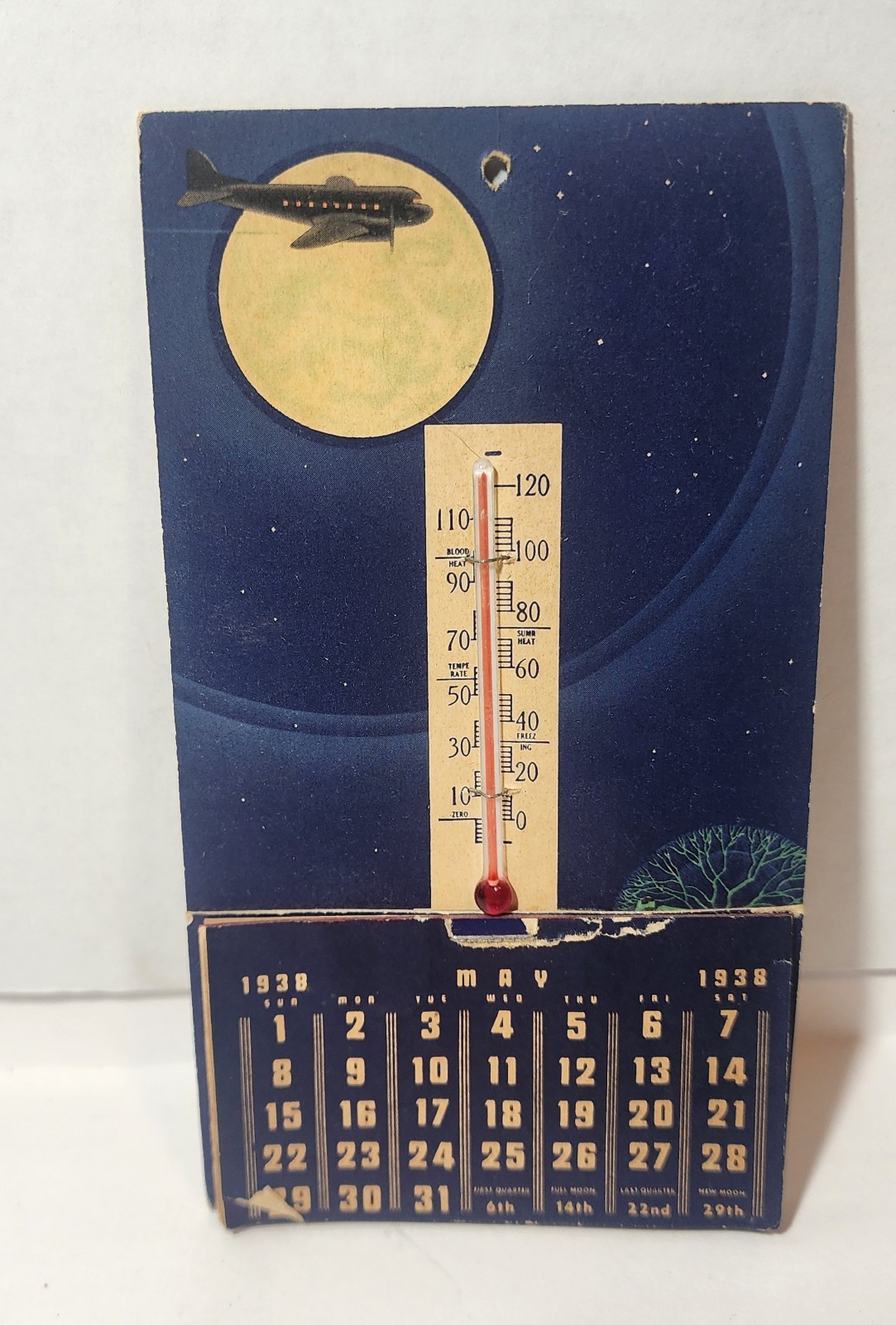 • Rare Vintage 1938 Advertising Calendar Thermometer Tums NR Night Sky Airplane