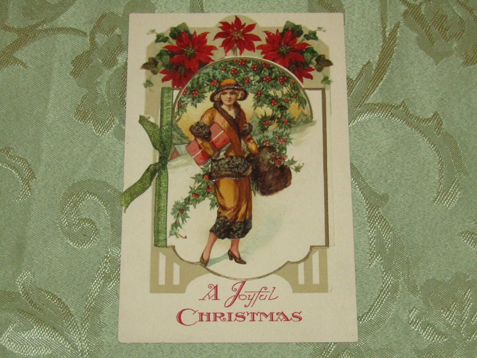 Antique *A Joyful Christmas /Lady/ Flowers / Real Ribbon /Booklet* Germany PC