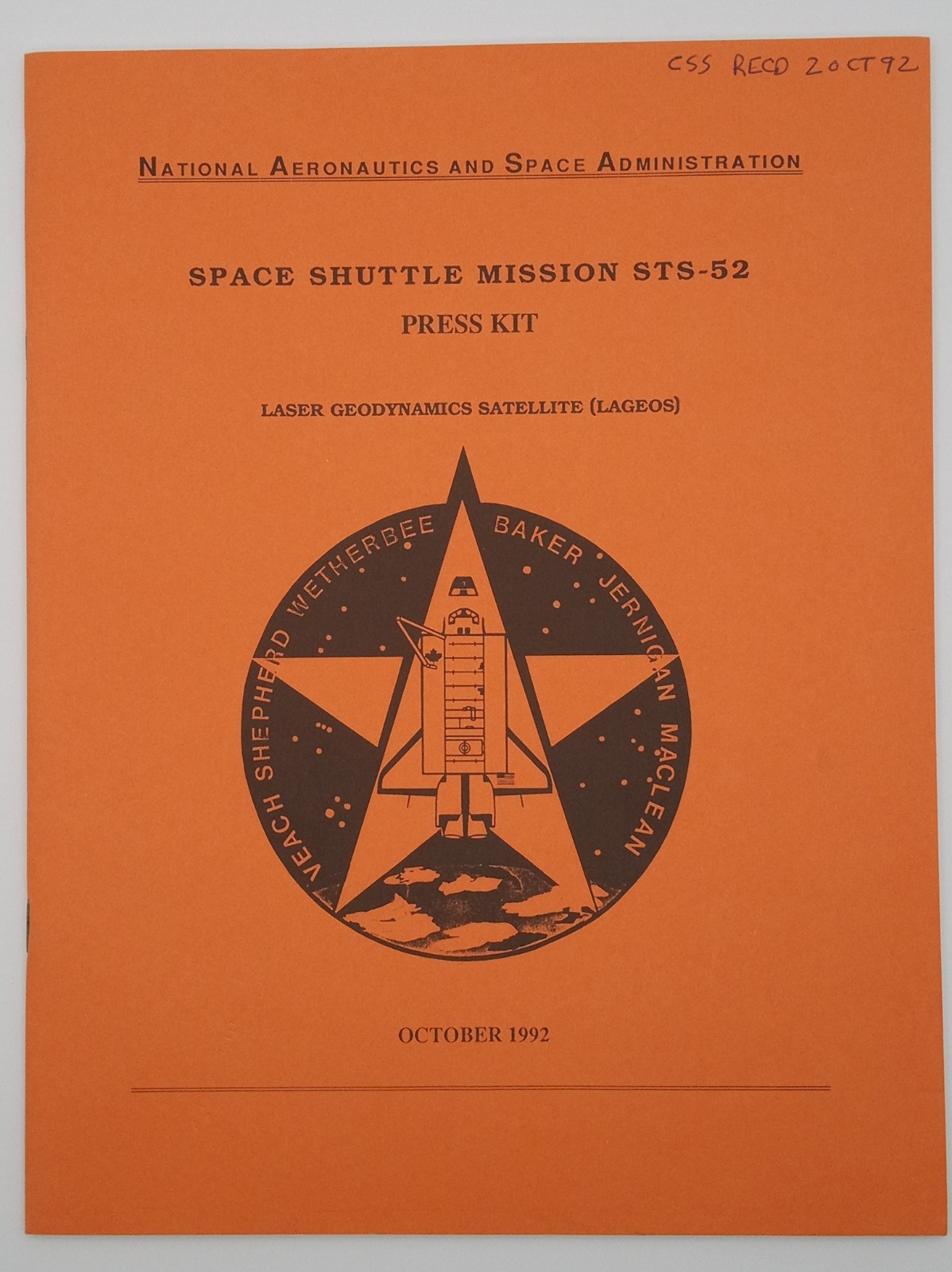 1992 NASA STS-52 Columbia Press Kit LAGEOS II AR Hogan Estate