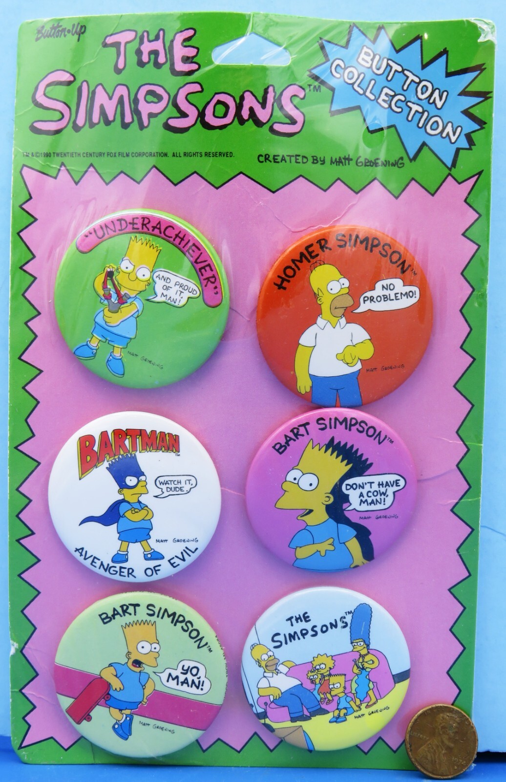 The Simpsons BUTTON Set of 6 vtg \'90 Bart Homer Lisa Marge BARTMAN Groening MOC