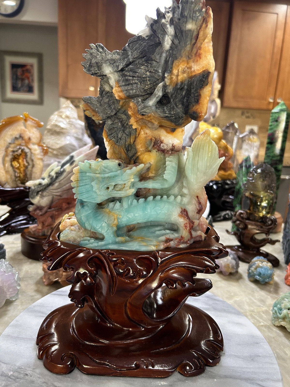 Blue Amazonite Phoenix Bird and Dragon with custom wood stand Blue Amazonite Phoenix Bird and Dragon with custom wood stand