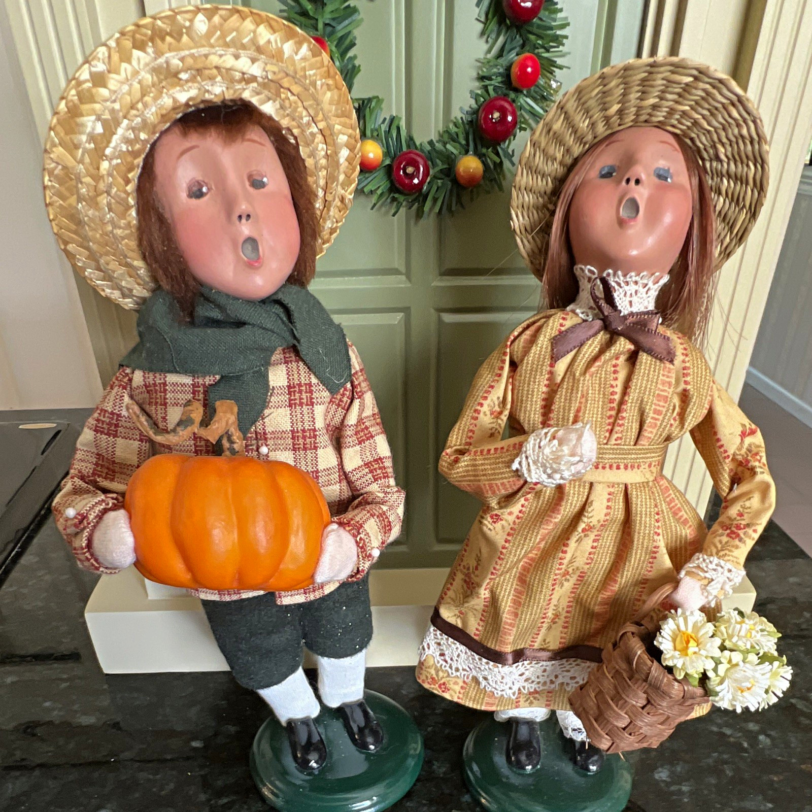 Byers' Choice Fall Harvest Carolers Set boy w/ pumpkin girl w/ basket flowers Byers' Choice Fall Harvest Carolers Set boy w/ pumpkin girl w/ basket flowers