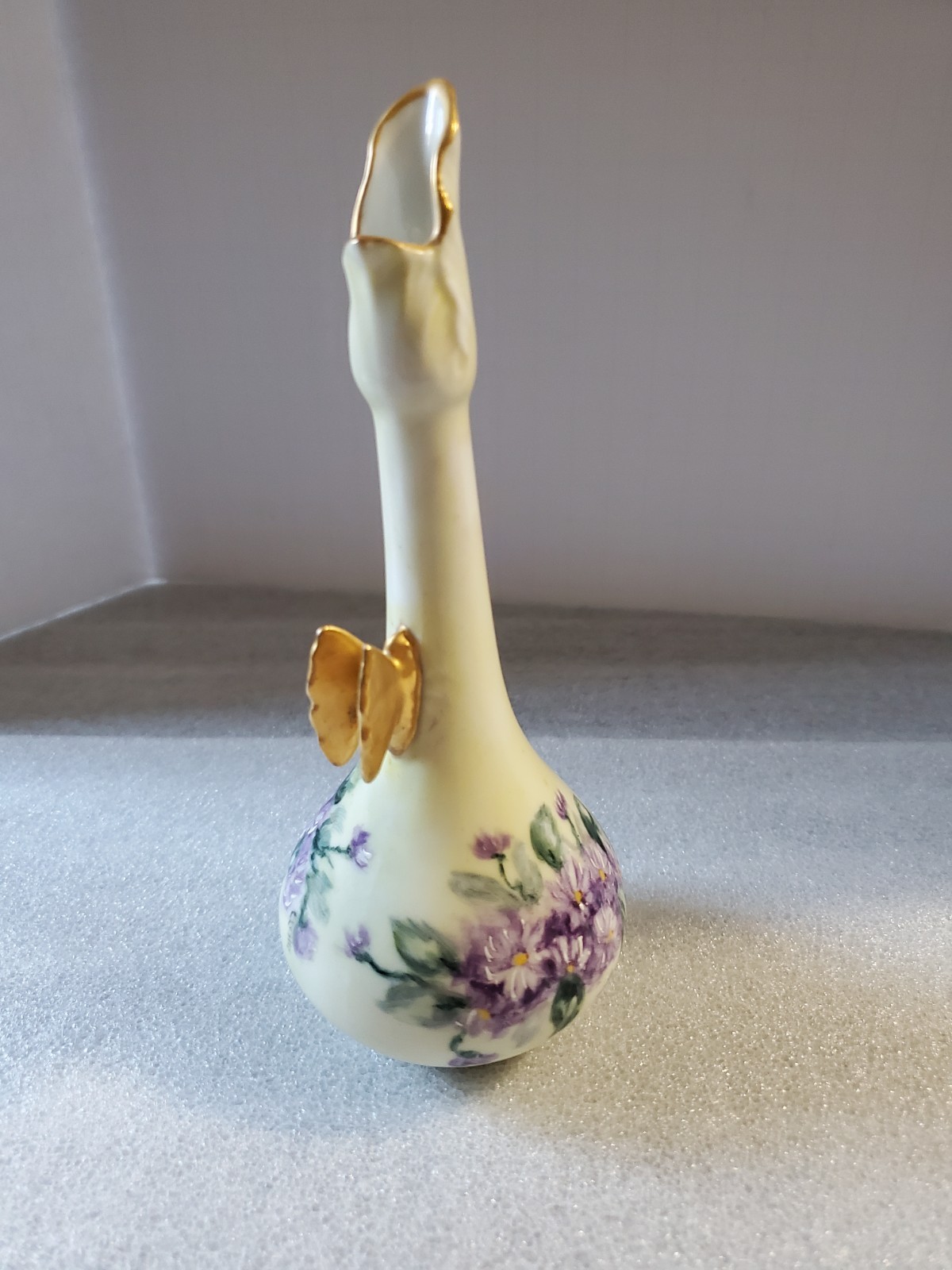 Unique Butterfly Porcelain Vase Purple Violets With Gold Butterfly Handle - EUC Unique Butterfly Porcelain Vase Purple Violets With Gold Butterfly Handle - EUC
