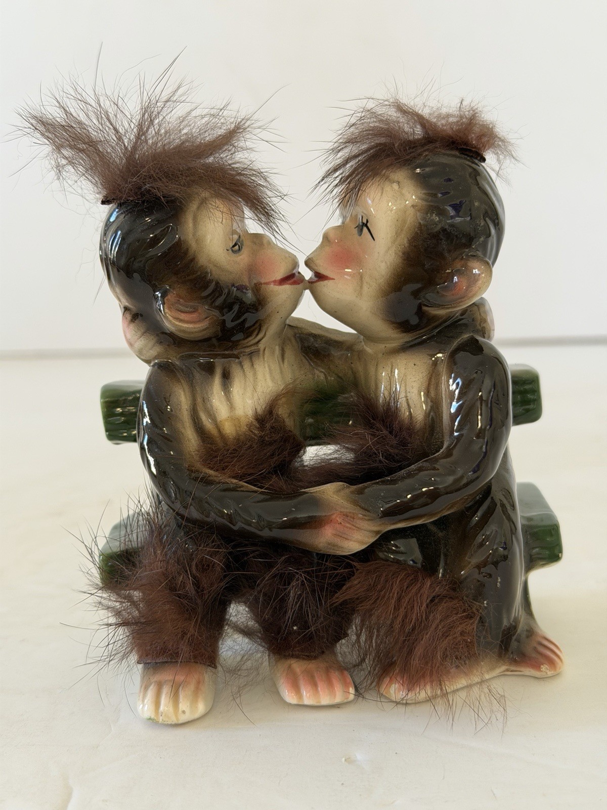 Kissing Monkeys Porcelain Figurine Japan MCM Fuzzy Furry Monkey Couple Vintage Kissing Monkeys Porcelain Figurine Japan MCM Fuzzy Furry Monkey Couple Vintage