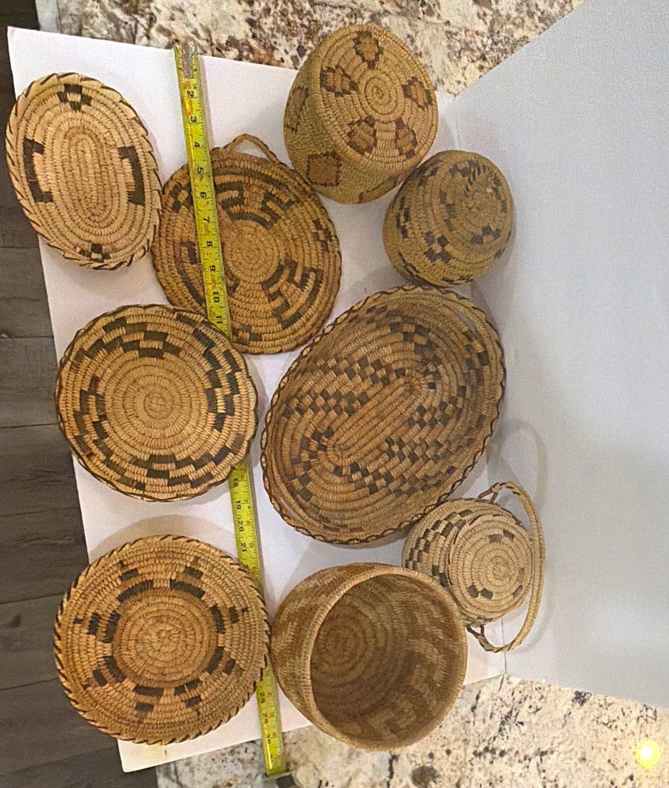 Lot of 9 Native American coiled baskets, bowls, lidded storage vessels