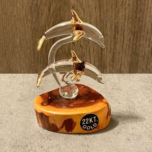 Glass Baron Handmade Double Dolphin Glass Sculpture Wooden Base 22KT Gold Gilded