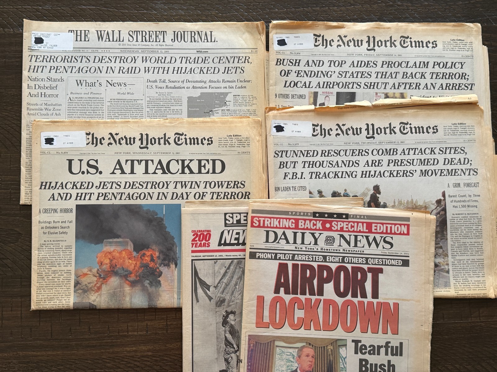Original 911 Attack Newspapers Lot of 6, New York Post, WSJ, others 12th-14th