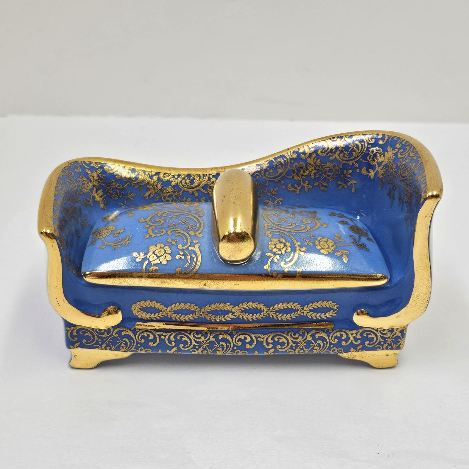 Limoges Porcelain Trinket Box Hand Painted Couch Divan Blue & Gold Victorian Limoges Porcelain Trinket Box Hand Painted Couch Divan Blue & Gold Victorian