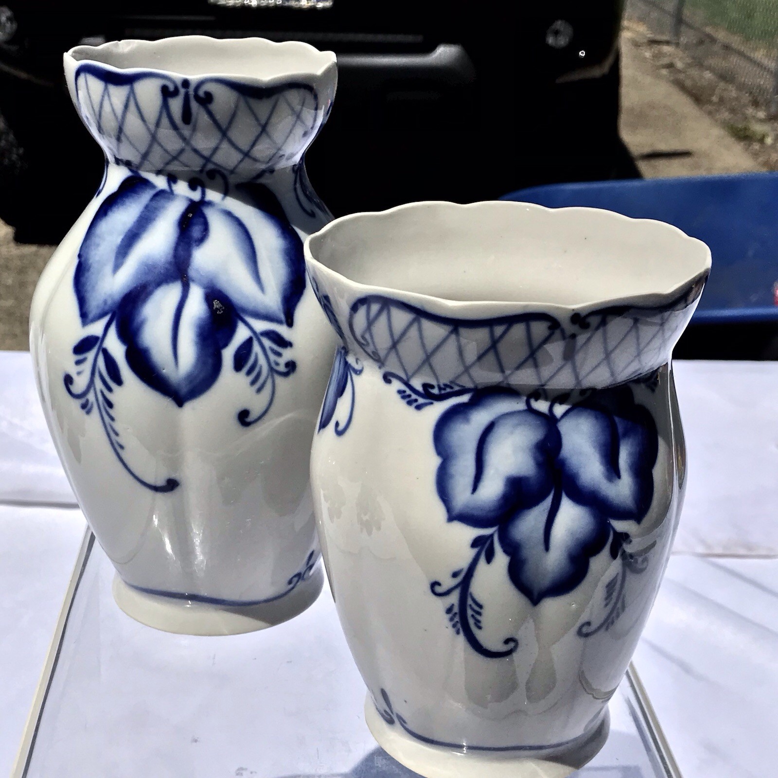 Rare Vtg Russian (USSR) Soviet Antq DULEVO Dapko Blue Floral Porcelain Vase Set