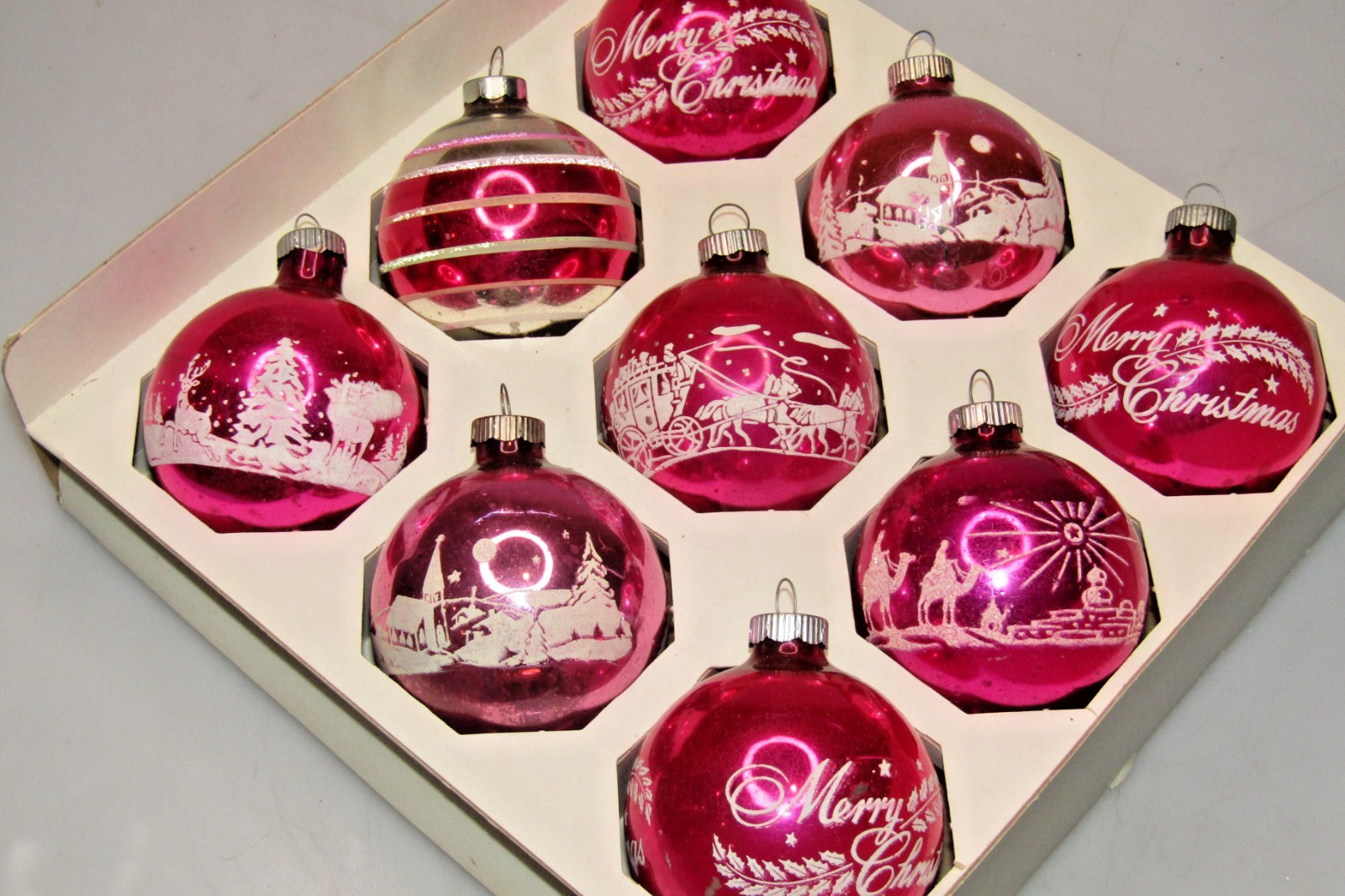 Lot VTG Glass Stencil Pictured CINDERELLA WISEMEN DEER BALL Christmas Ornaments