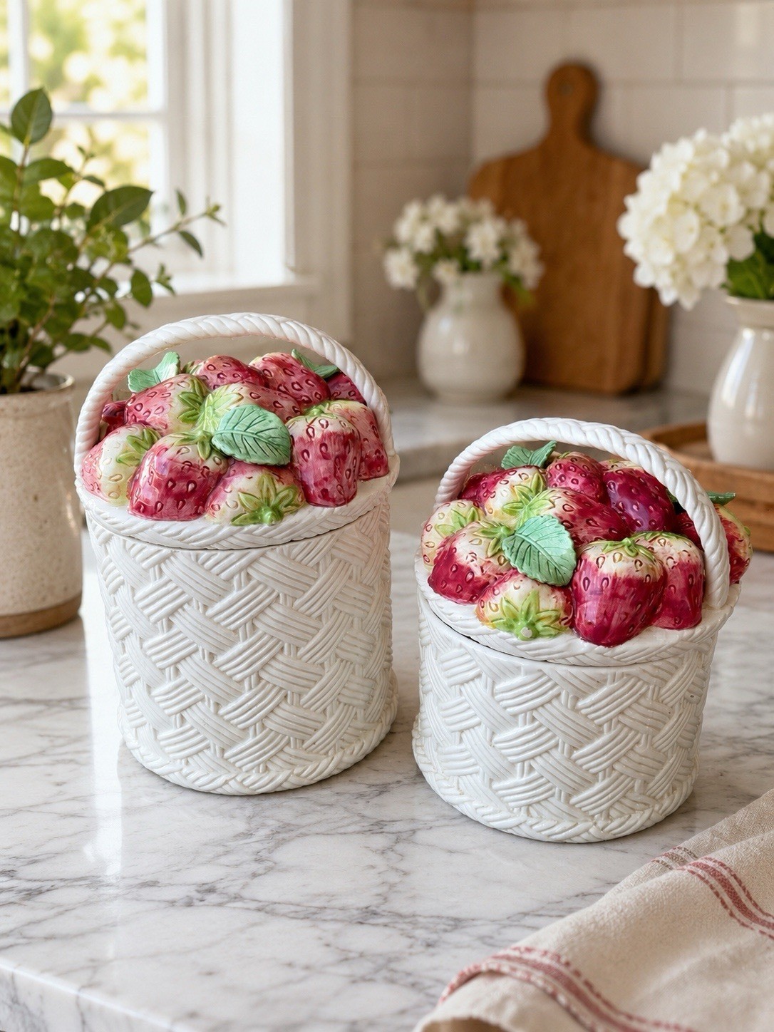 Vintage Fitz & Floyd Strawberry Basket Canisters Set of 2 1990 Ceramic