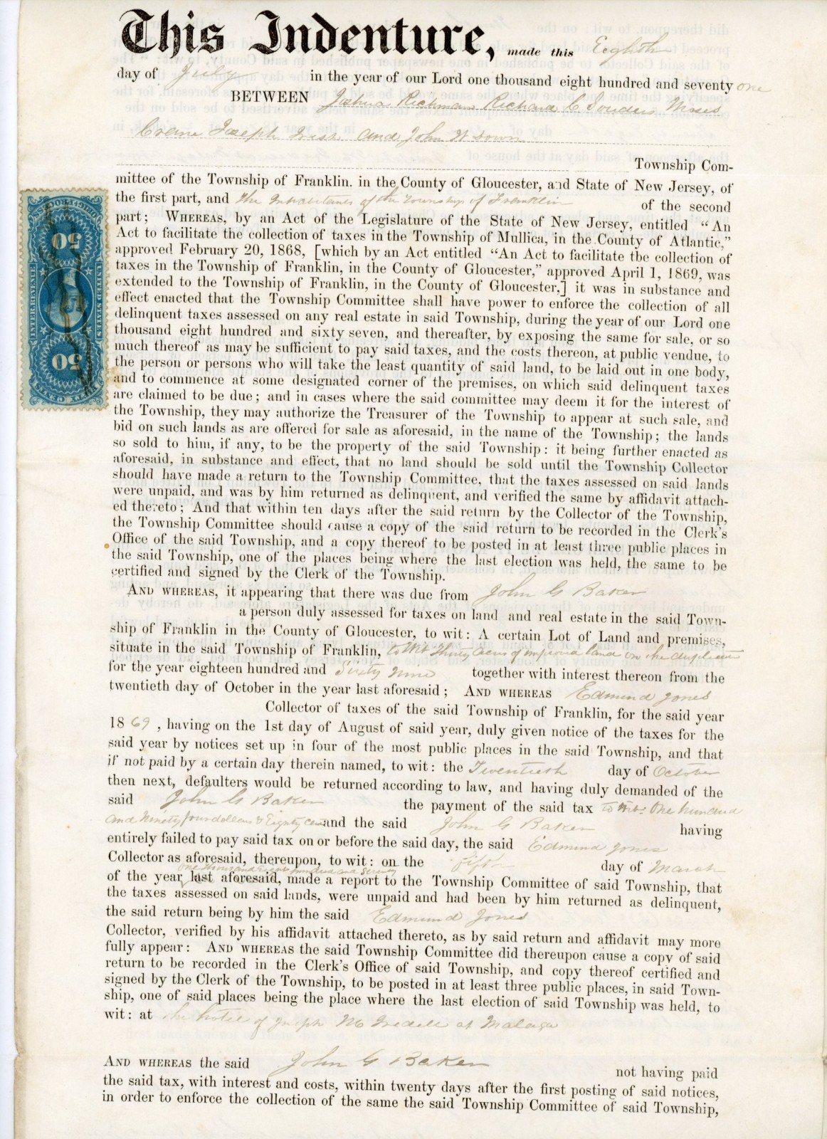1871 New Jersey Tax Deed Franklin Township Gloucester NJ signed Jos Franklin clk