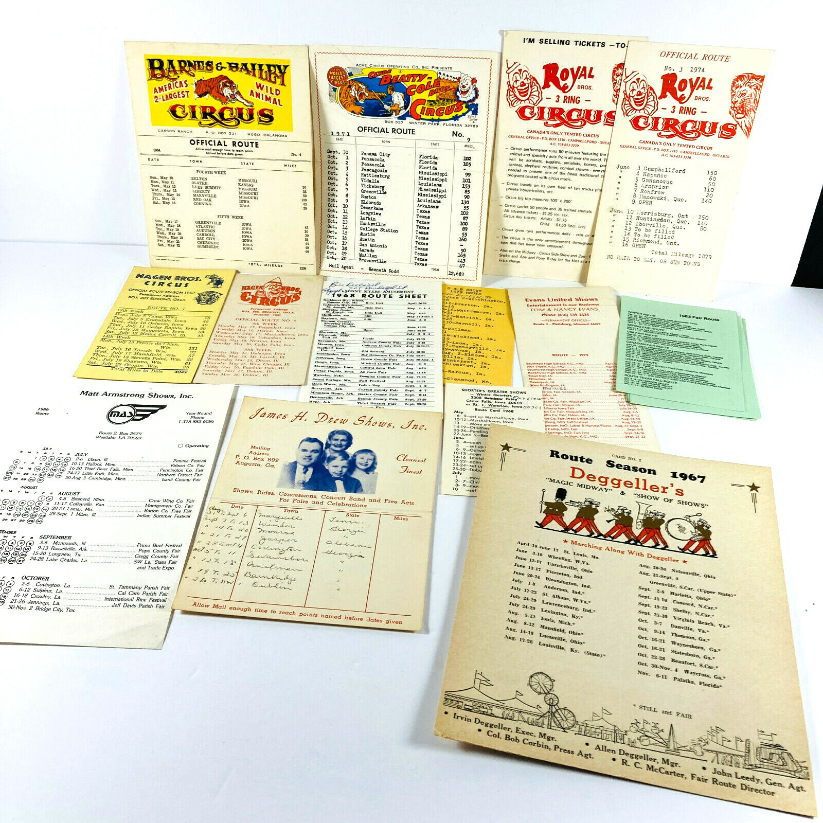 Lot (14) vtg Circus Carnival Schedule Route Cards Barnes Royal James Drew Lot (14) vtg Circus Carnival Schedule Route Cards Barnes Royal James Drew