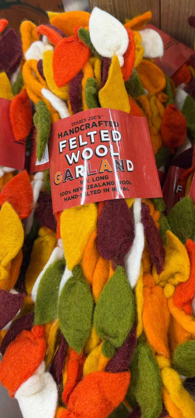 Trader Joe\'s Handcrafted Felted Wool Garland 9 ft. Long 100% New Zealand Wool