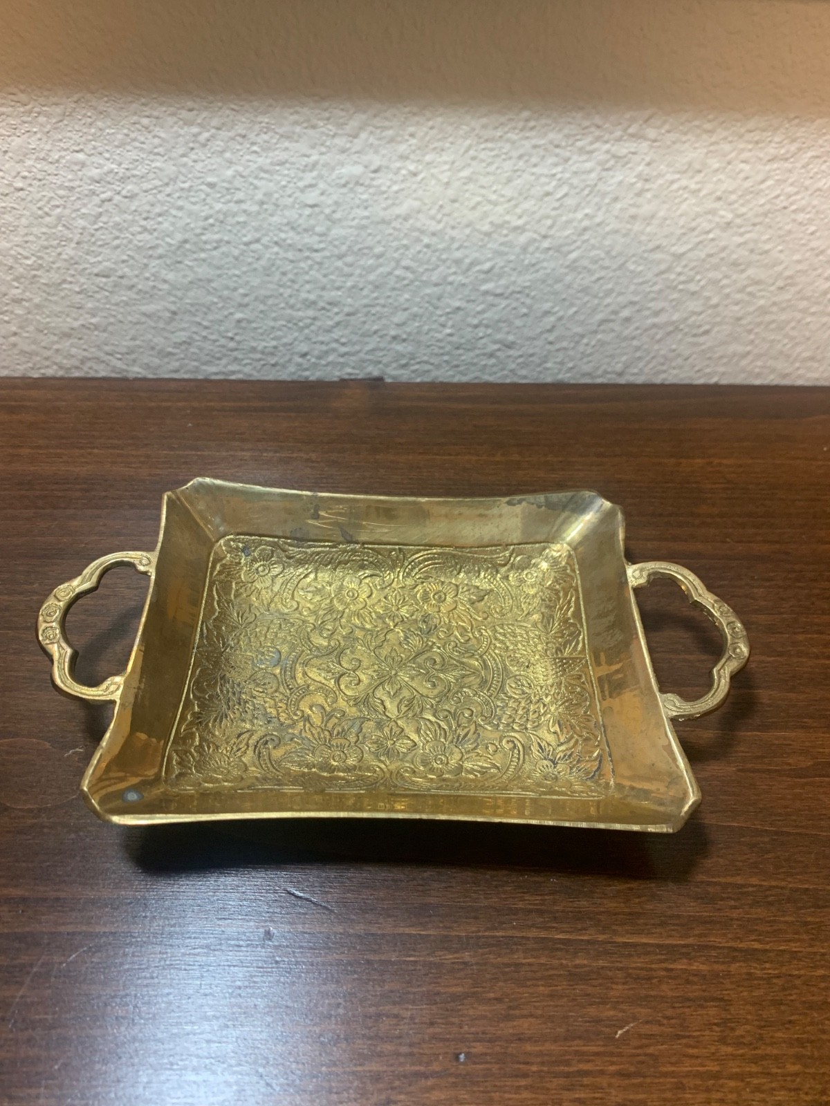 VTG BRASS TRINKET DISH WITH HANDLES 7 X 4 1/4\