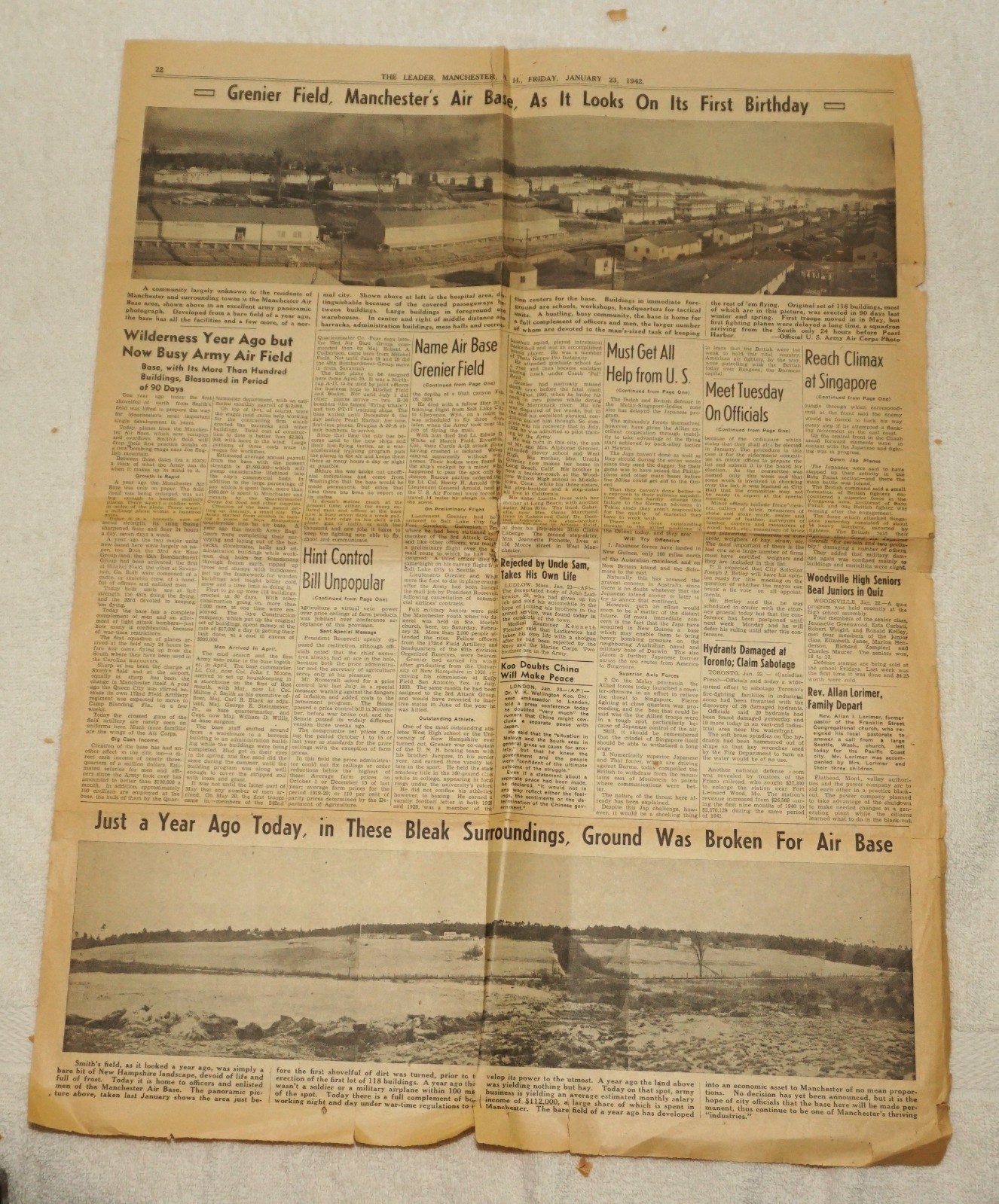 VTG The Leader, Manchester NH Grenier Field NH 1st Anniversary Articles 01/23/42 VTG The Leader, Manchester NH Grenier Field NH 1st Anniversary Articles 01/23/42