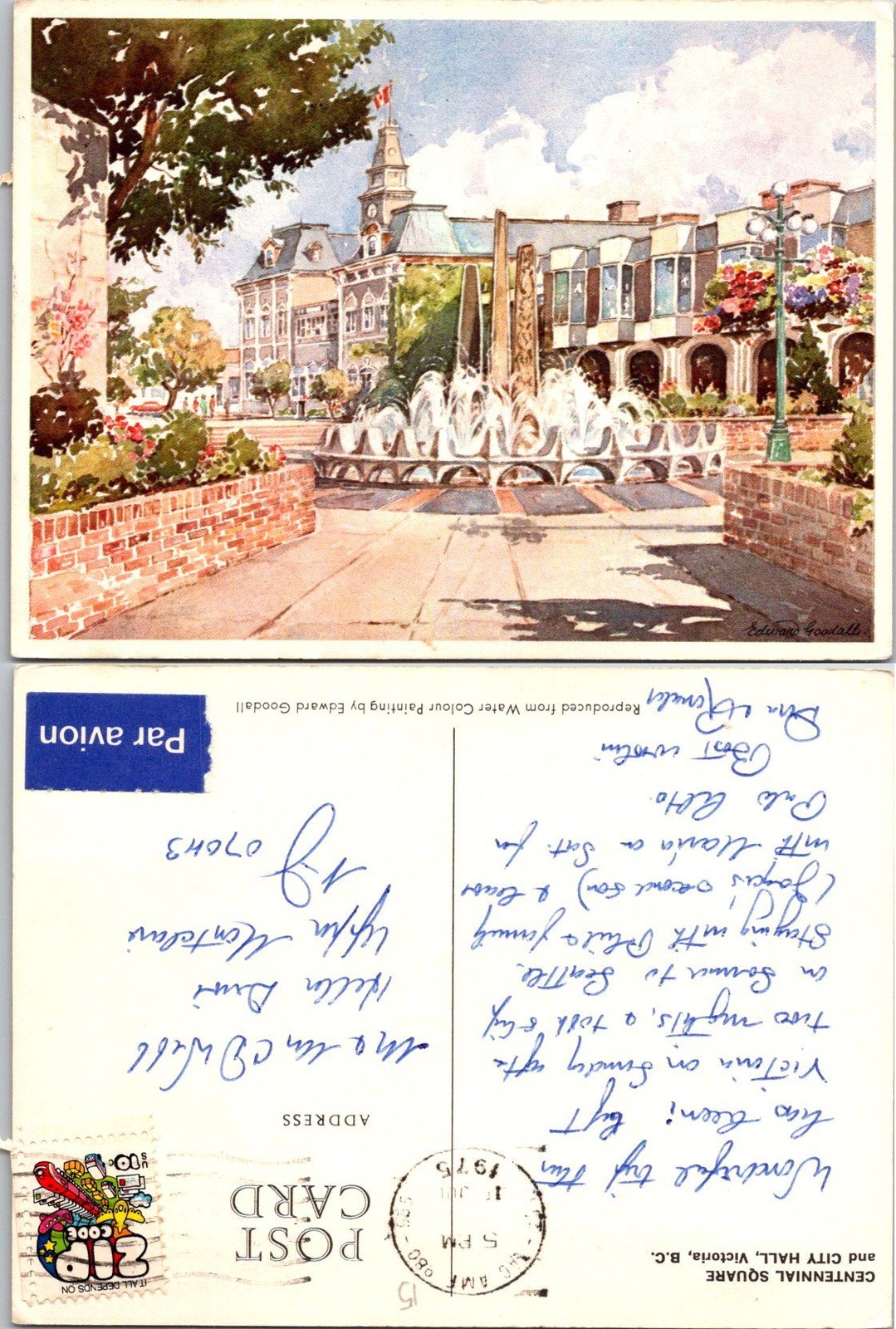 Edward Goodall Postcard Centennial Square City Hall Victoria BC 1976 Vintage