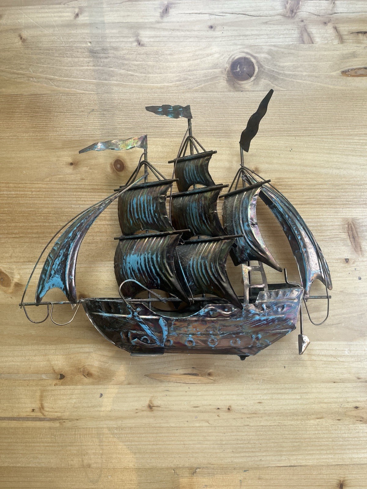 Vintage Metal Sailing Ship Sculpture Brutalist Copper Verdigris Nautical Decor Vintage Metal Sailing Ship Sculpture Brutalist Copper Verdigris Nautical Decor