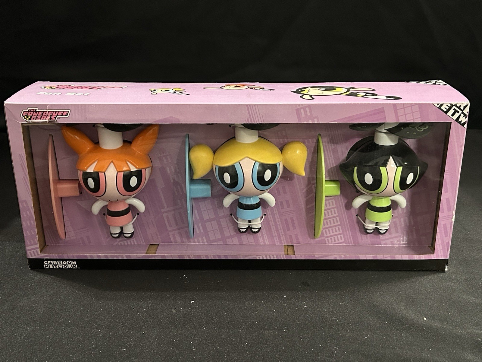 Vintage RARE NEW IN BOX Powerpuff Girls Blossom Bubbles & Buttercup Fan Set