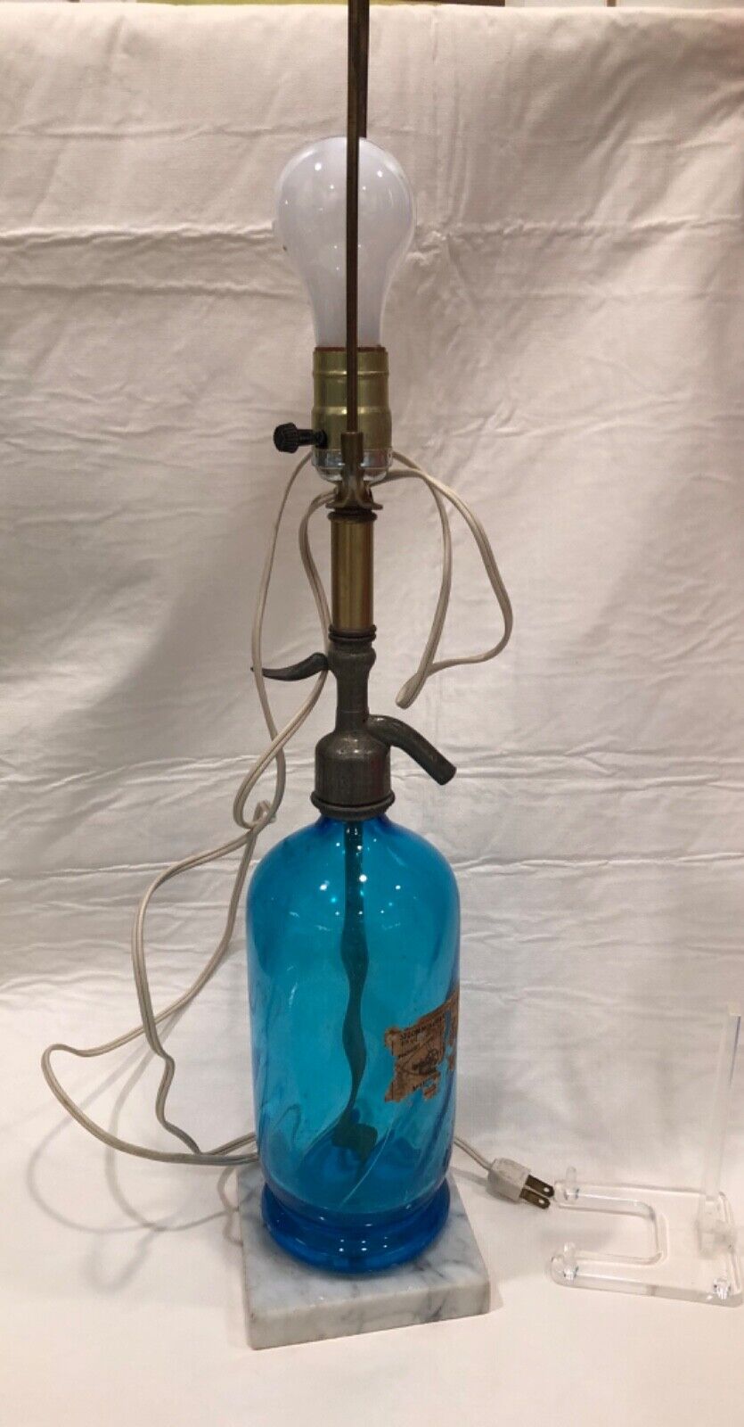 Antique Seltzer Soda Syphon Blue Glass Lamp With Marble Base 