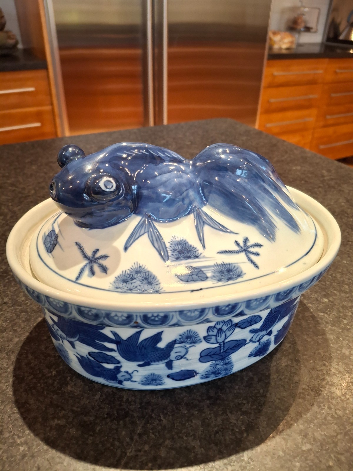 NOS Vintage Blue & White Koi Fish Porcelain Casserole Dish Lidded Never Used 9x5 NOS Vintage Blue & White Koi Fish Porcelain Casserole Dish Lidded Never Used 9x5