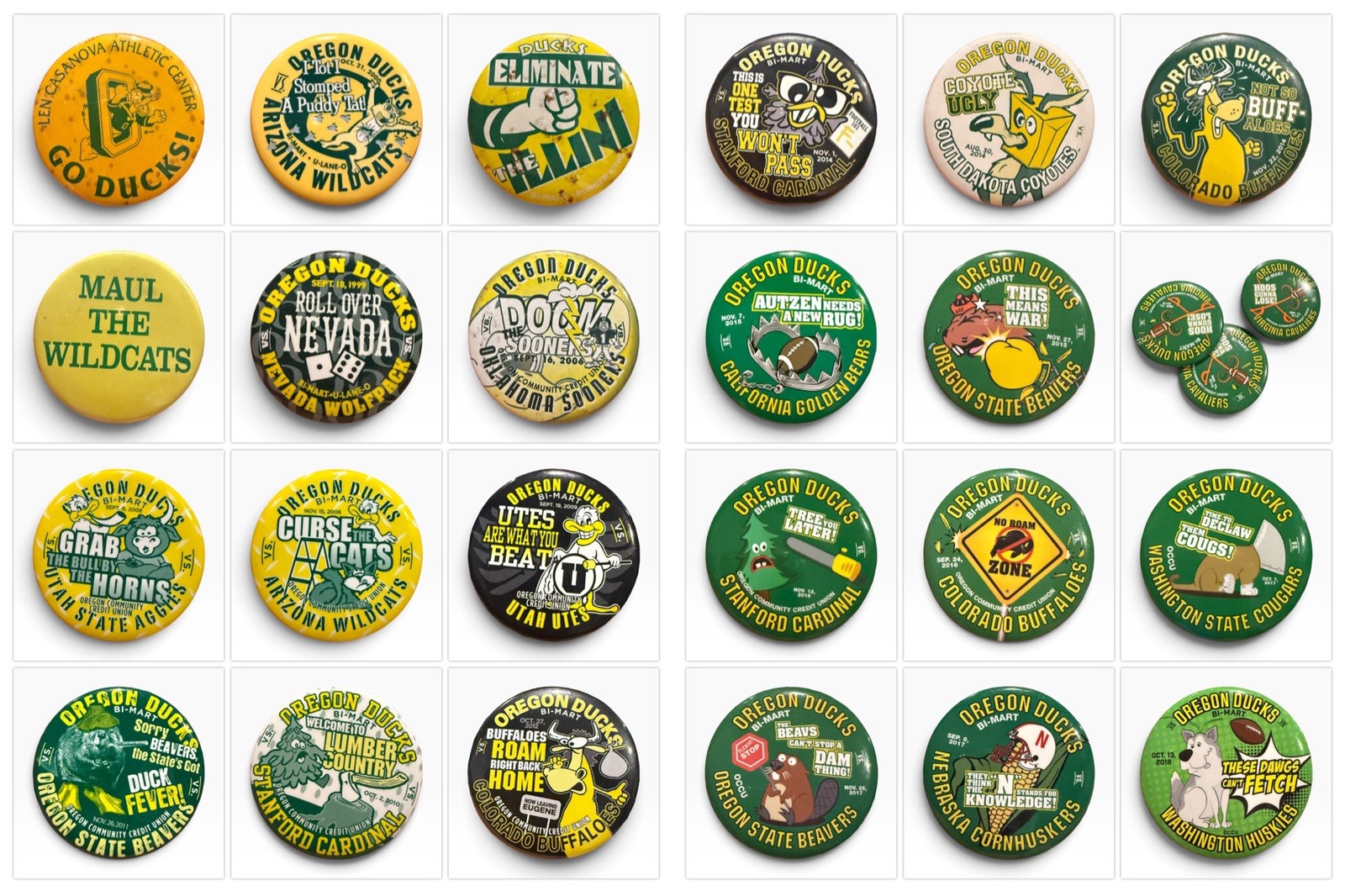 Oregon Ducks Bi-Mart Football Spirit Buttons Pins Vintage 1990s-2018 lot of 26 Oregon Ducks Bi-Mart Football Spirit Buttons Pins Vintage 1990s-2018 lot of 26