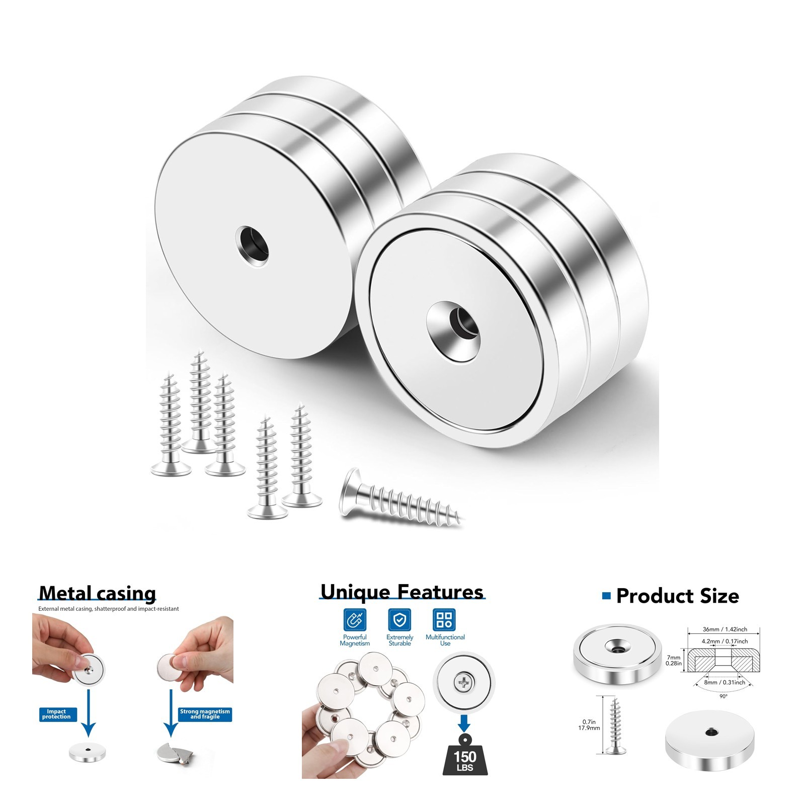 Strong Neodymium Cup Magnets 150lb Waterproof with Screws for Wall Mounting Strong Neodymium Cup Magnets 150lb Waterproof with Screws for Wall Mounting