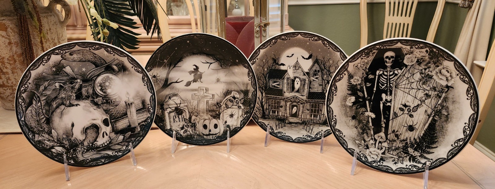 EATON FINE DINING HALLOWEEN HAUNTED HOUSE 4 SIDE PLATE SET APPETIZER WITCH GHOST EATON FINE DINING HALLOWEEN HAUNTED HOUSE 4 SIDE PLATE SET APPETIZER WITCH GHOST