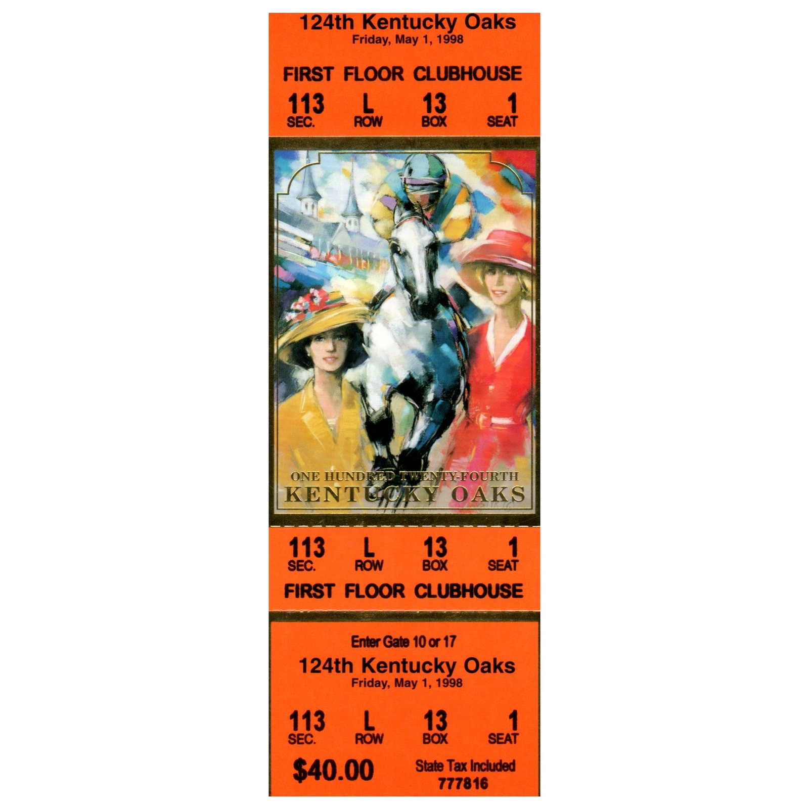 124th Kentucky Oaks Friday May 1 1998 Full Ticket First Floor Clubhouse SE4 124th Kentucky Oaks Friday May 1 1998 Full Ticket First Floor Clubhouse SE4