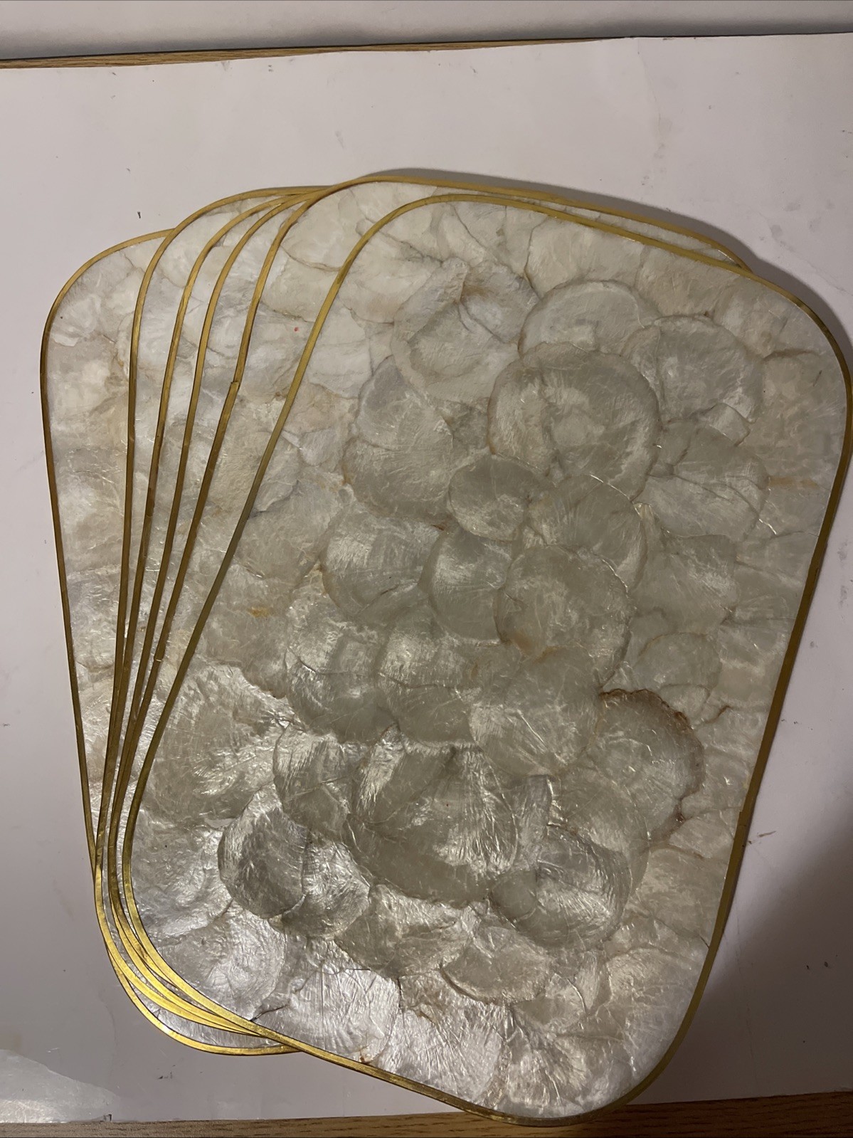 VTG Set of 6 Capiz Shell Placemats Shell-Craft MCM Gold Trim Cork Back