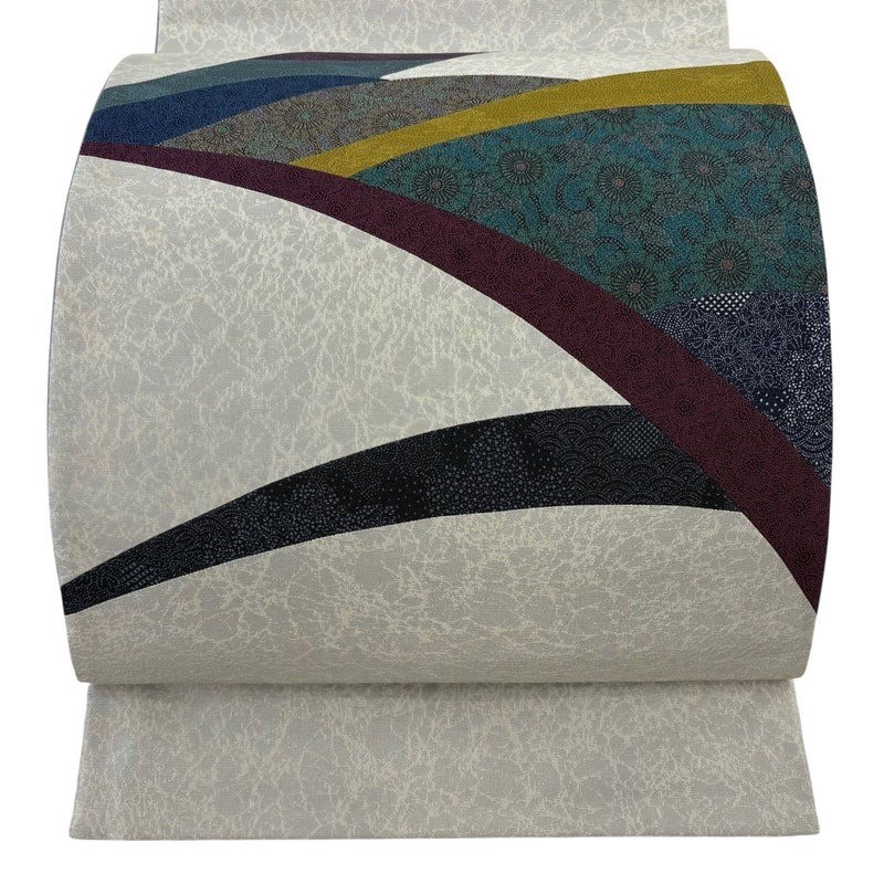 Japanese Kimono Fukuro Obi Silk Nakamura Yujiro Gray Seigaiha Waves Signed