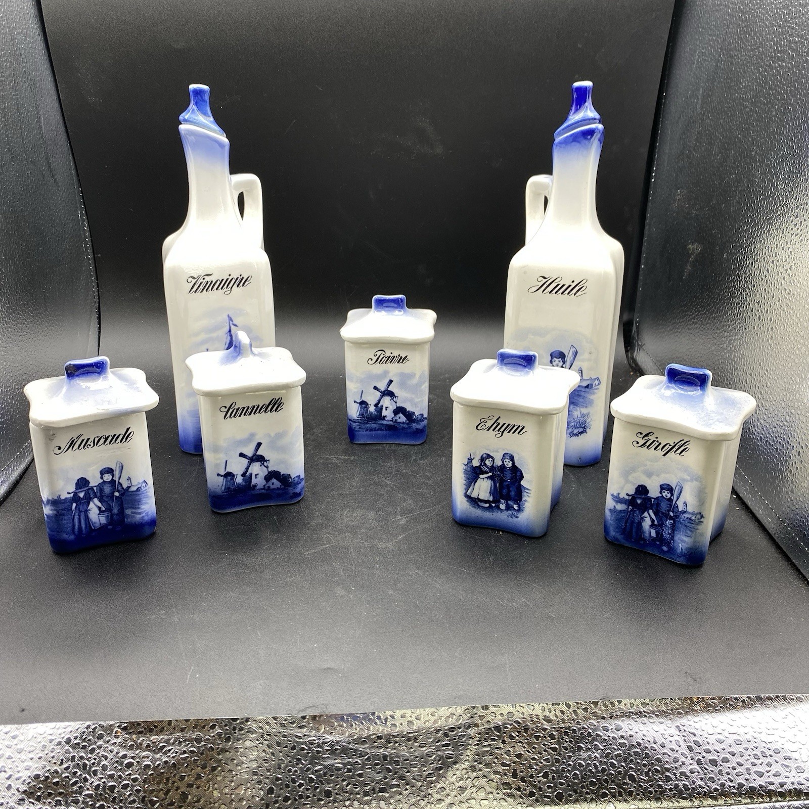 Antique French Kitchen Spice Canisters Blue Delft Oil & Vinegar With Shelf Antique French Kitchen Spice Canisters Blue Delft Oil & Vinegar With Shelf