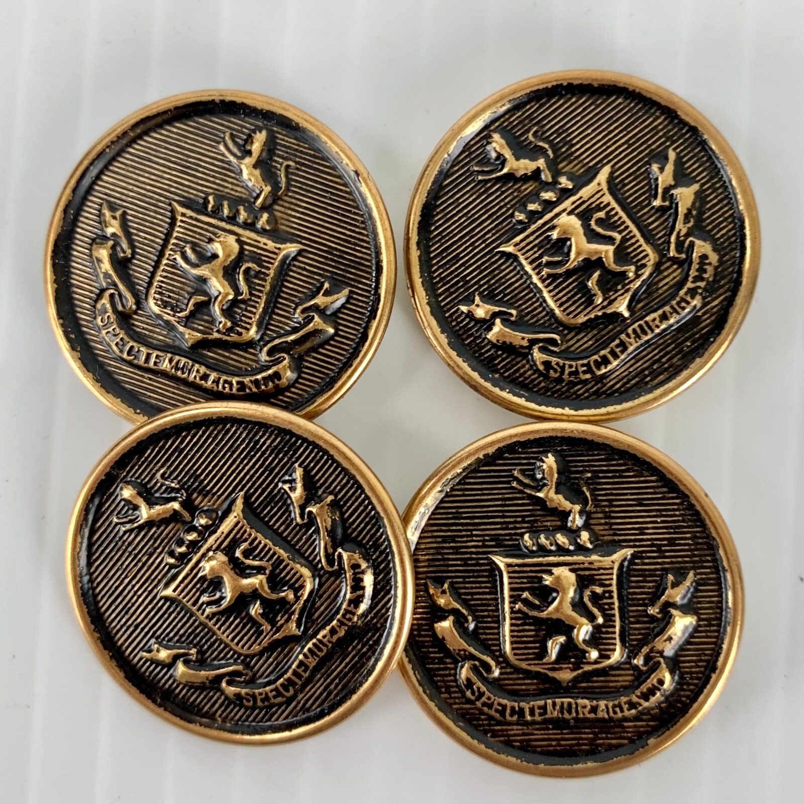 4 Vintage 1990s Brass Blazer Buttons 1 in Latin Spectemur Agendo Griffin Shield