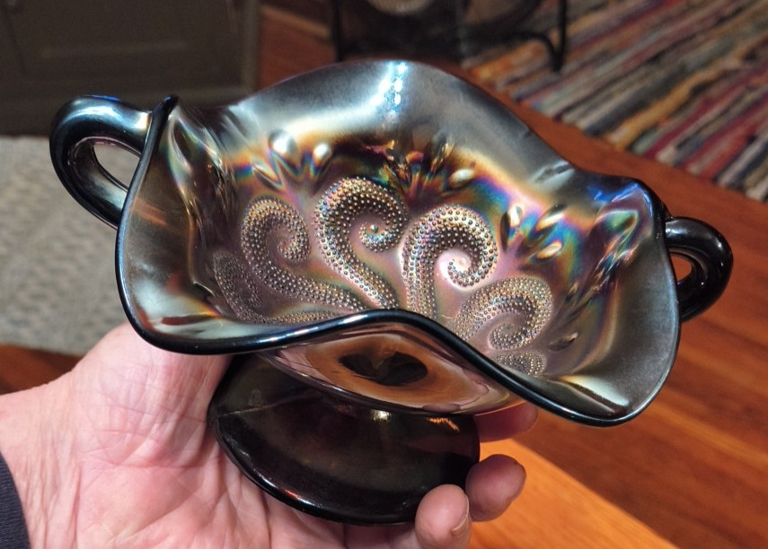VINTAGE DUGAN QUESTION MARK CARNIVAL GLASS AMETHYST FOOTED 2 HANDLE BON BON DISH