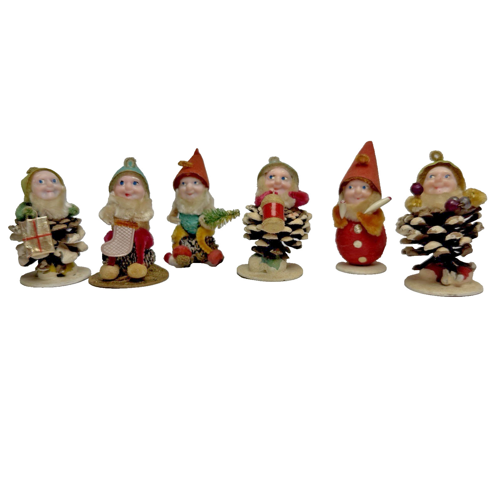 Vintage 6 Pinecone Elf Gnome Figures Putz Christmas Ornament Decorations Japan