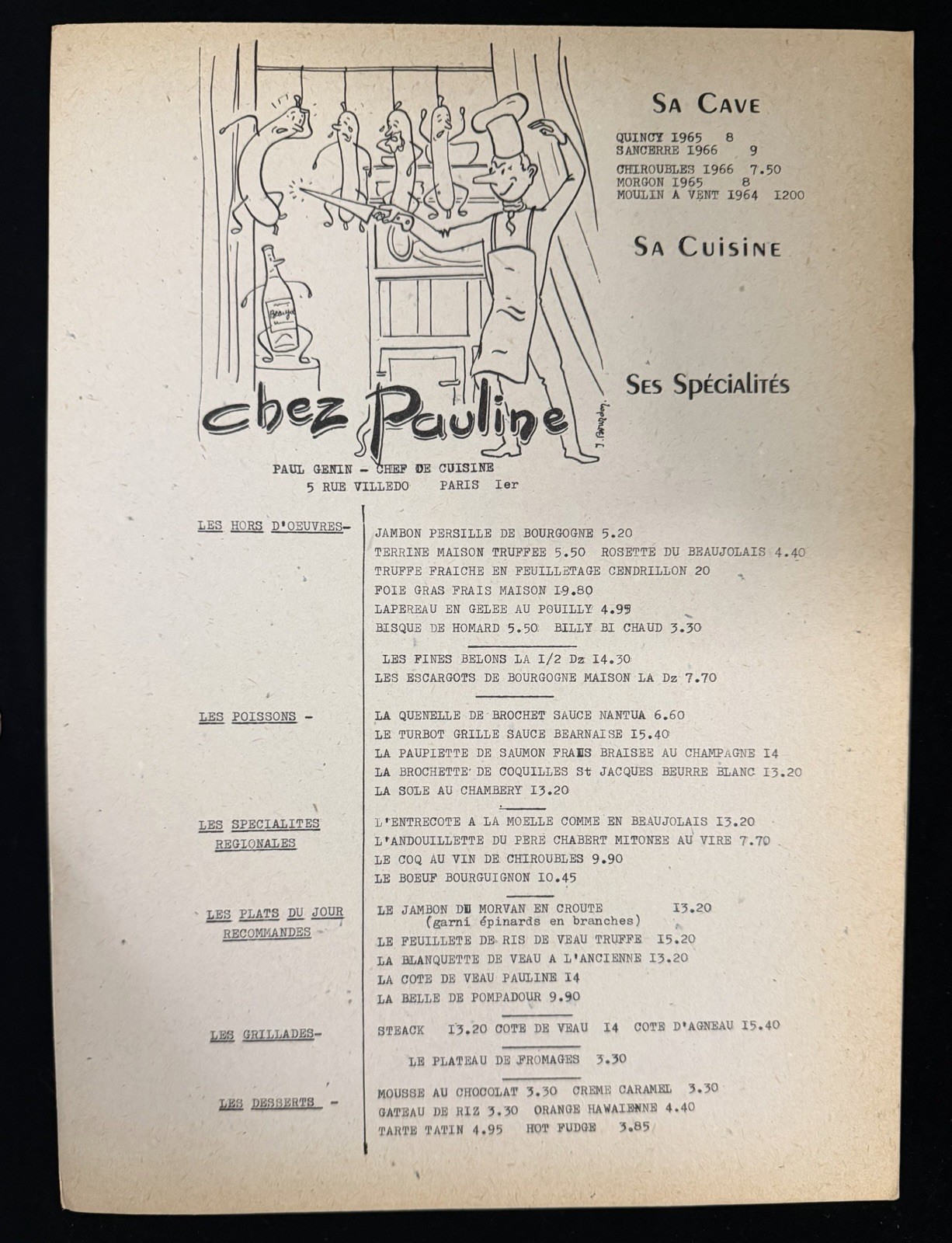 Vintage Chez Pauline Paris France French Restaurant Menu Recipe 1960s