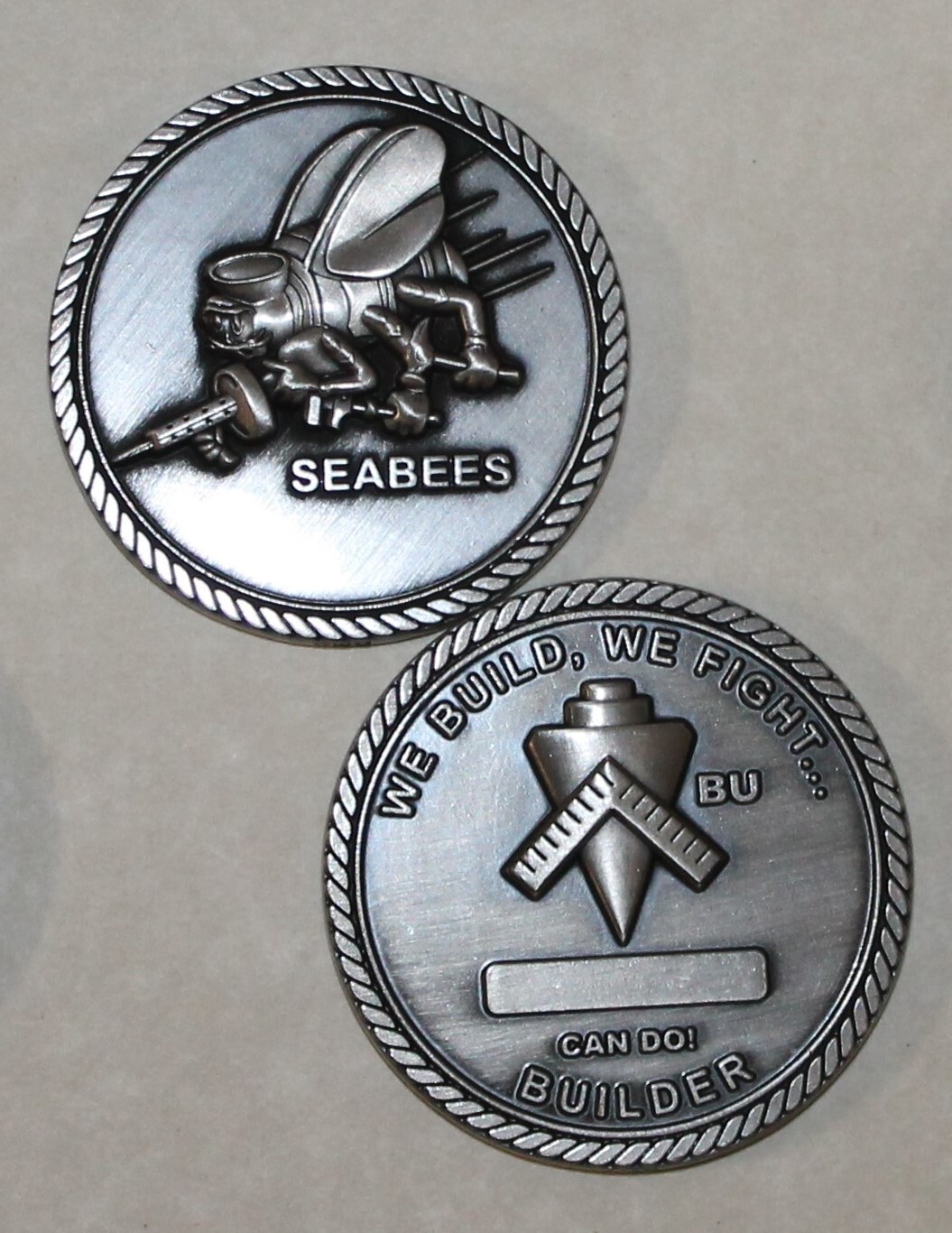 US Navy Seabee CB Builder BU Rate Antique Silver Finish Navy Challenge Coin
