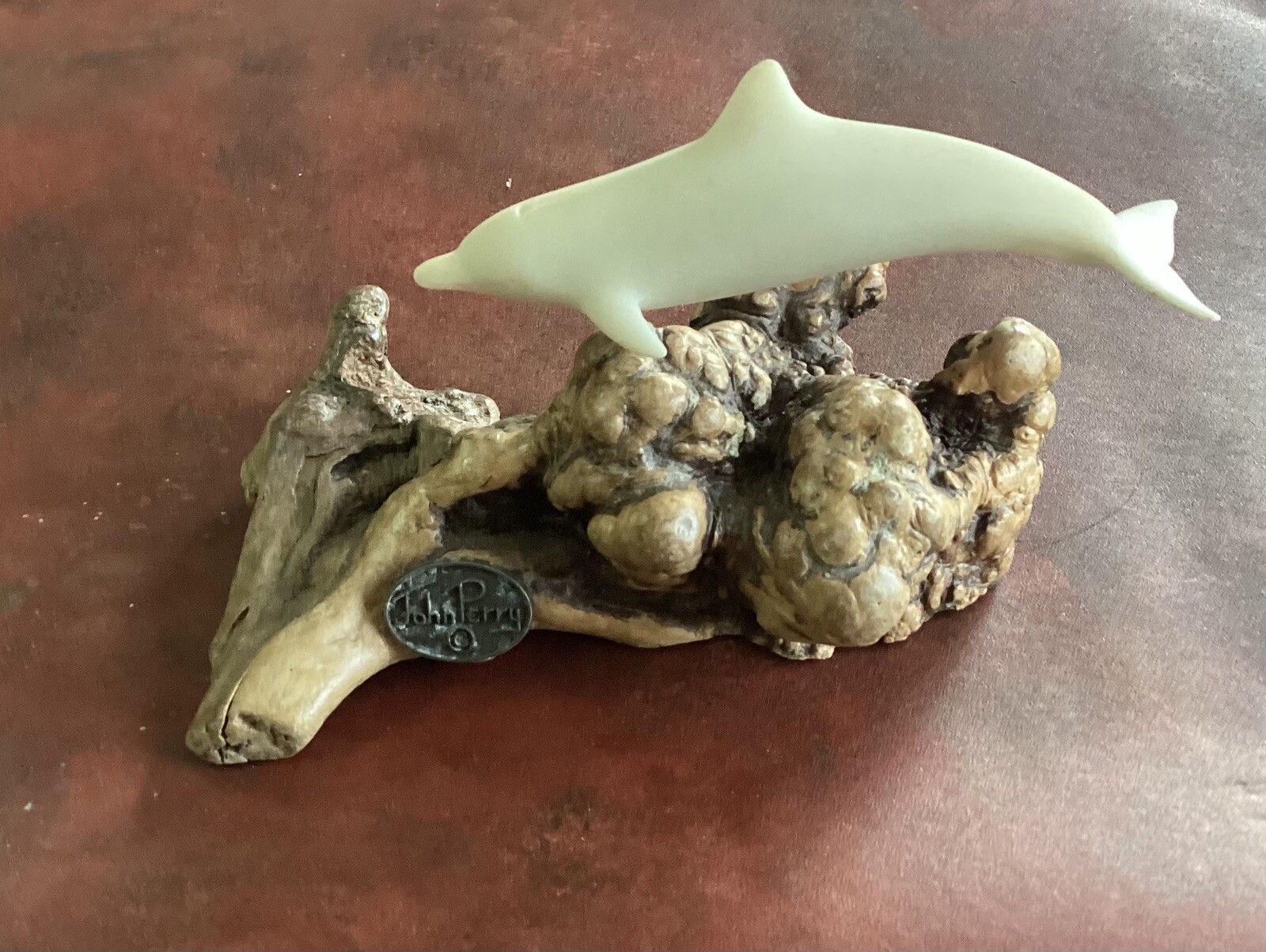 Vintage John Perry White Dolphins Porpoises Sculpture On Burl Wood 5-3/4” Wide Vintage John Perry White Dolphins Porpoises Sculpture On Burl Wood 5-3/4” Wide