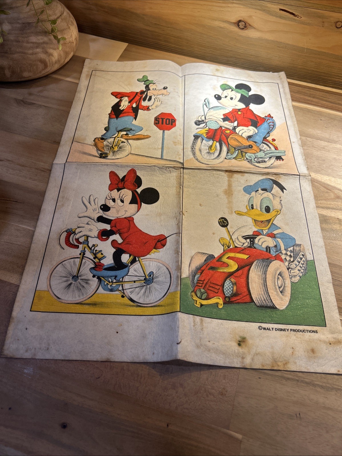VINTAGE Sheet of Disney Mickey Minnie Goofy Donald Duck color Lithograph, Stains VINTAGE Sheet of Disney Mickey Minnie Goofy Donald Duck color Lithograph, Stains